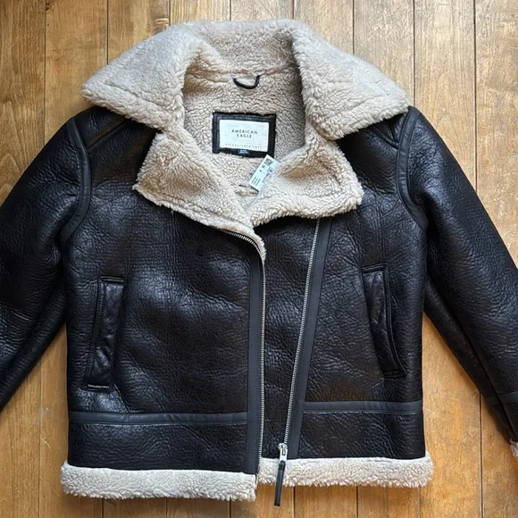 AE Oversized Vegan Shearling Moto Jacket Black Medium NWT - Picture 6 of 11